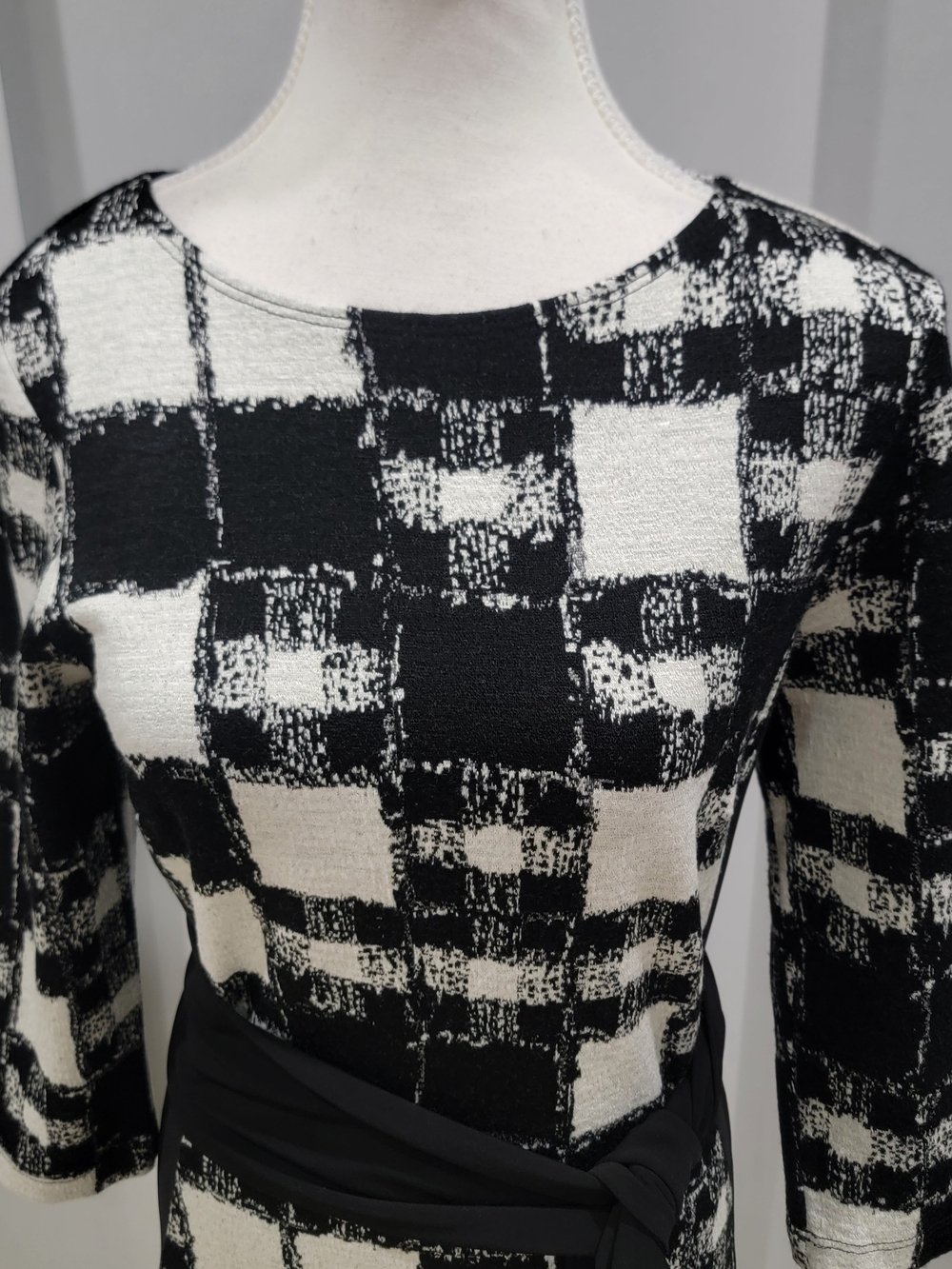 Joseph Ribkoff Black and White Checked Knit Dress with Waist Tie - Picture 2 of 8